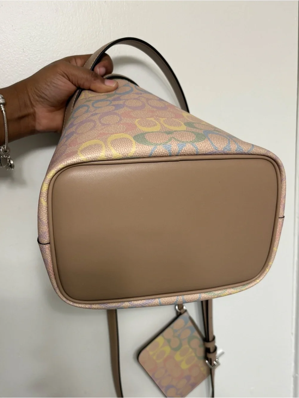 Coach Multicolor rainbow Pastel Signature Drawstring Bucket Bag with Tan Trim